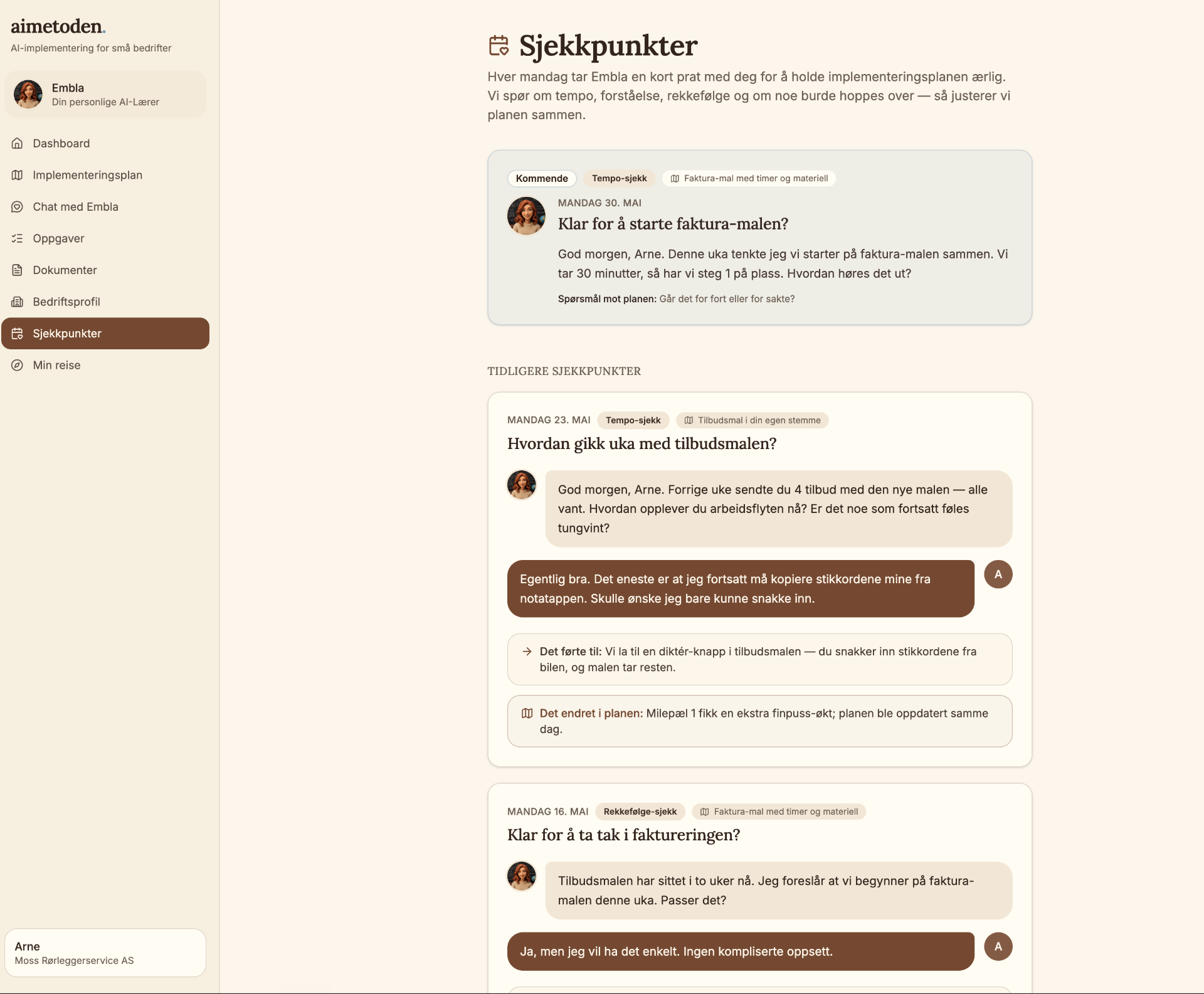 Ukentlige sjekkpunkter med Embla