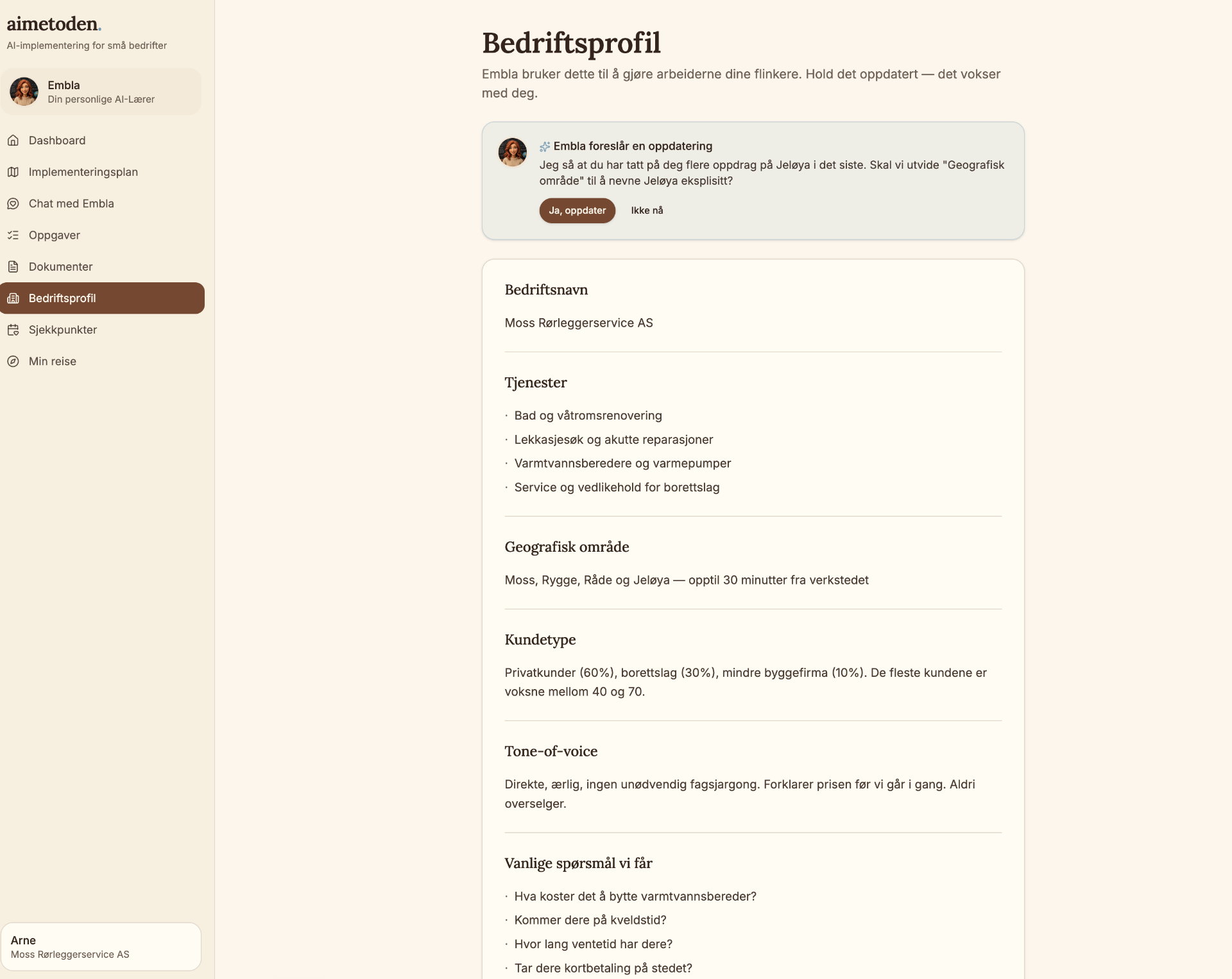 Bedriftsprofil i aimetoden — Embla foreslår oppdatering