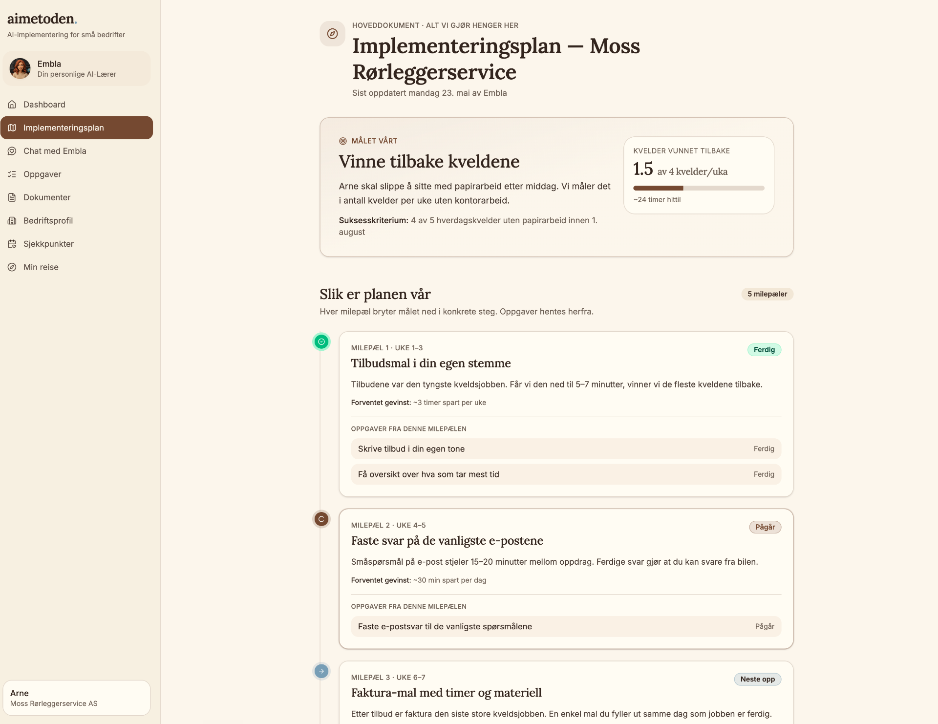 Implementeringsplan med milepæler og fremdrift
